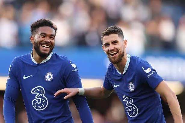 Reece James and Jorginho Eden Hazard in 2022 Chelsea home kit