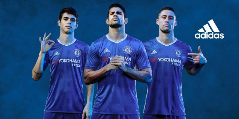 Oscar, Diego Costa and Gary Cahill in 2016 Chelsea home kit